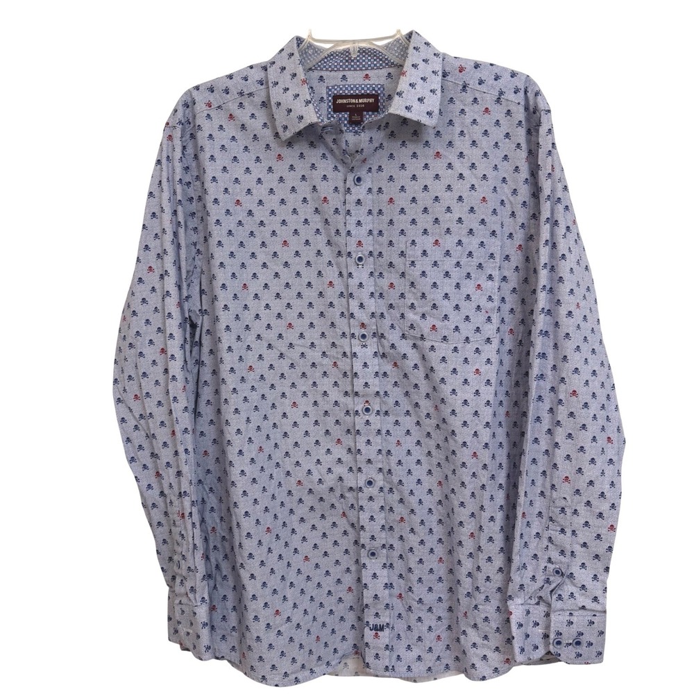 Johnston & Murphy Mens Skull Crossbones Print Button Down Shirt Blue L 74-5405